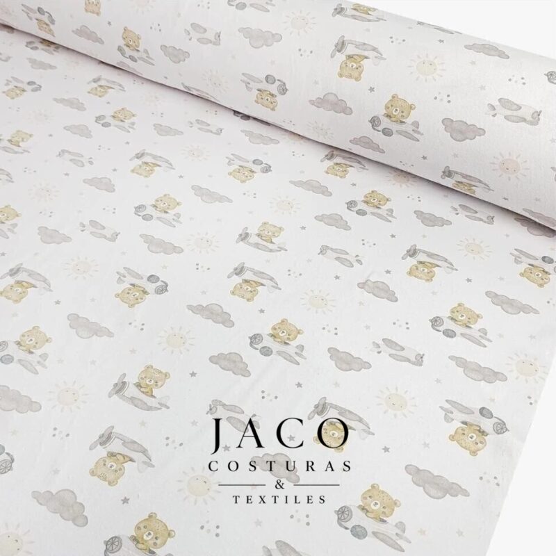 Interlock Estampado Blanco Avion Ositos Beige