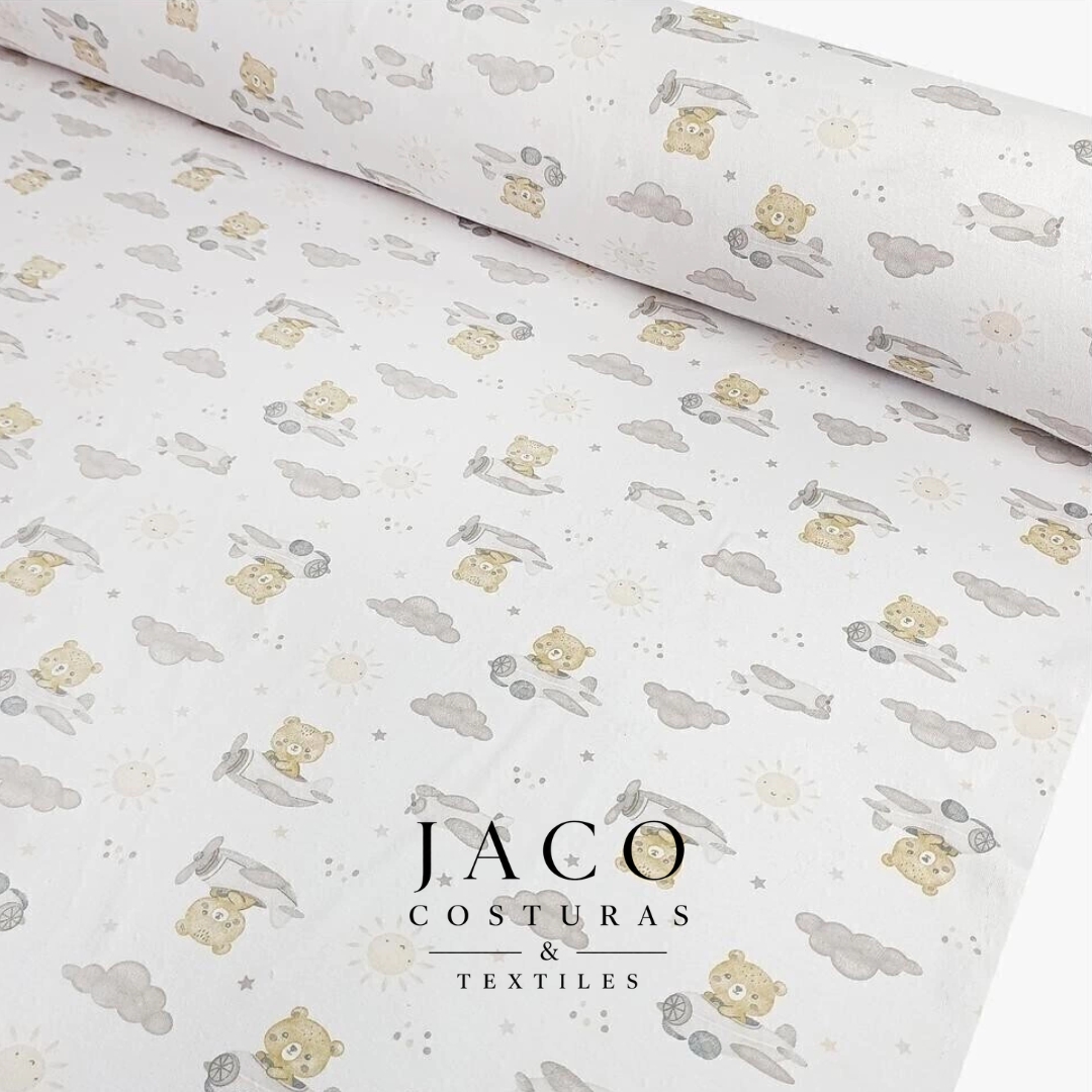 Interlock Estampado Blanco Avion Ositos Beige