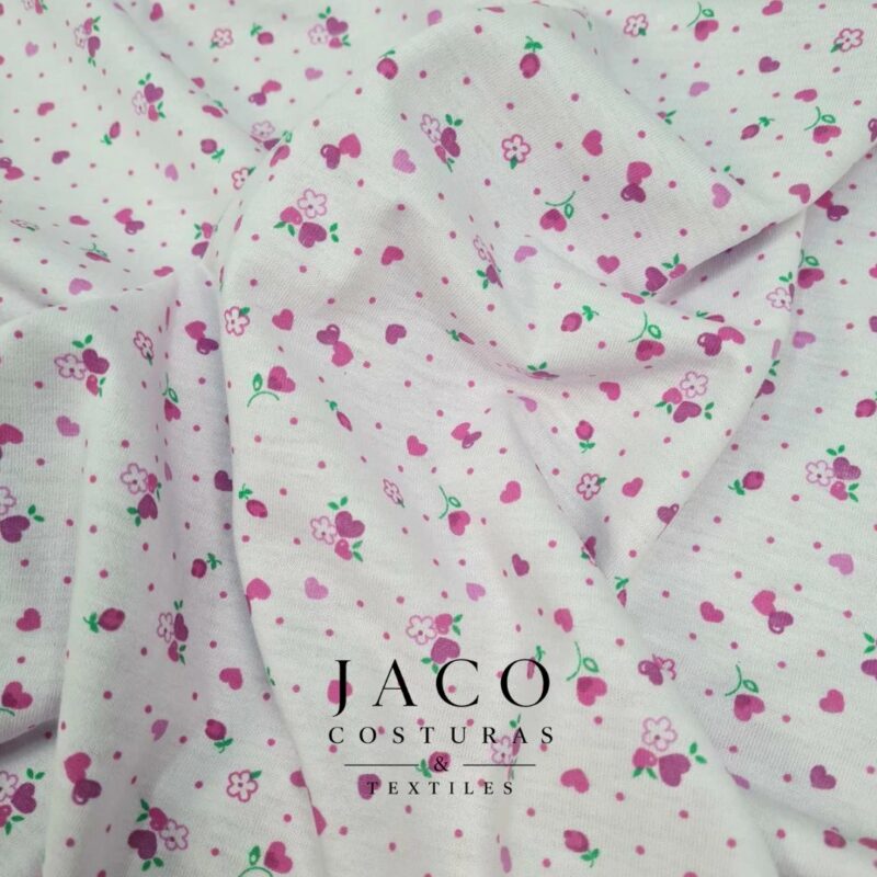 Jersey de Algodon Estampado Lila Corazones y Flores