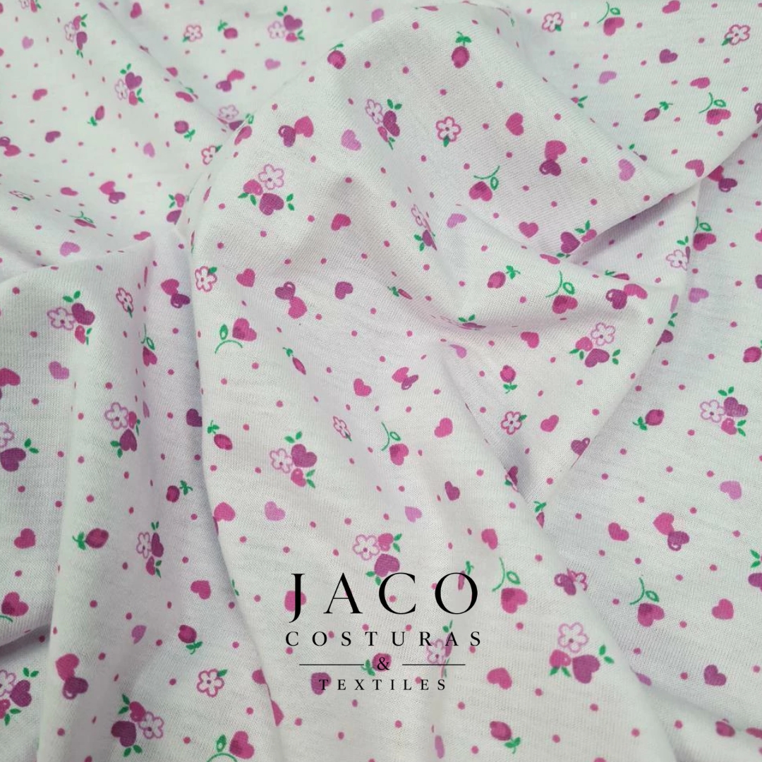Jersey de Algodon Estampado Lila Corazones y Flores