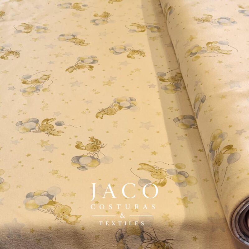 Interlock Estampado Conejo Beige Globos Celeste Beige